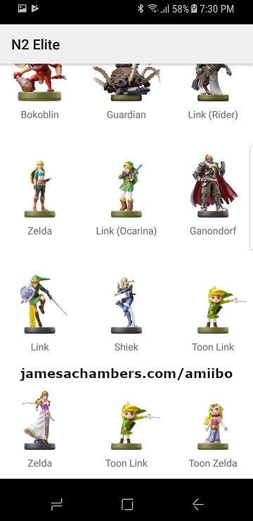 Populated N2 Elite Amiibo backups inside the Android app