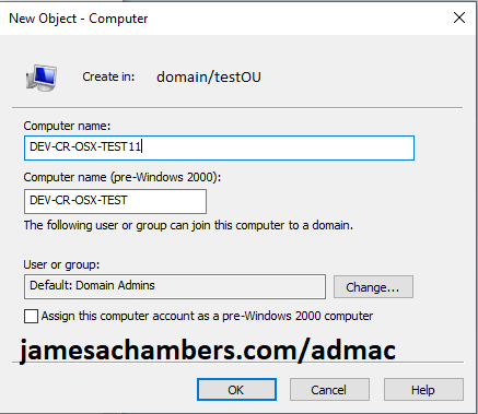 Active Directory New Computer Dialog