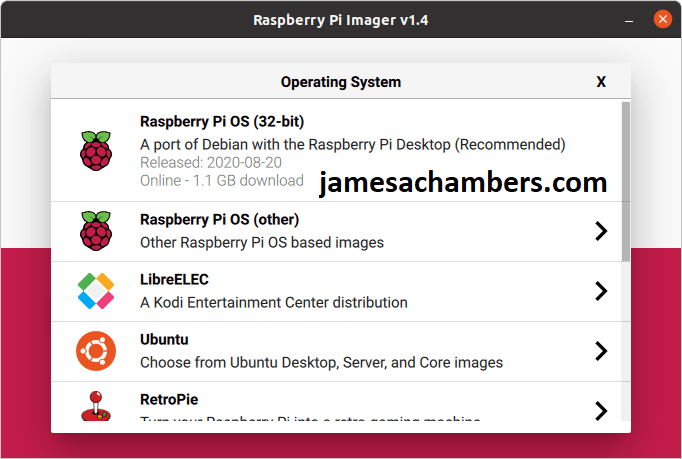 Raspberry Pi Imager - OS Menu