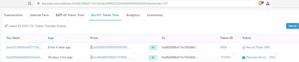 BSCScan.com Erc721 token transactions