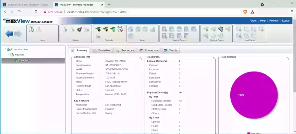 MaxView Storage Manager - Logged In