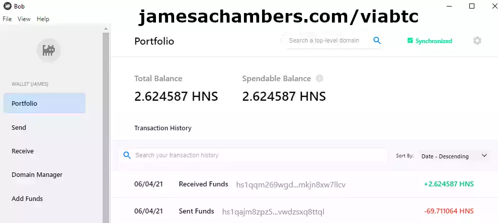 Bob HNS Wallet - Deposit to ViaBTC Transaction