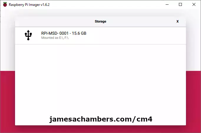 Compute Module 4 mounted in USB Mass Storage Mode within Raspberry Pi Imager