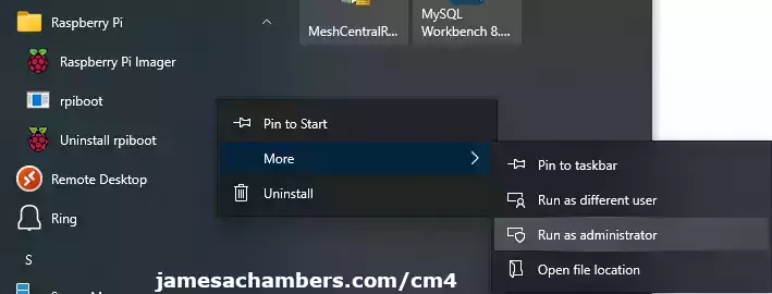 "Raspberry Pi" Start Menu Folder with Right Click -> Run as administrator on rpiboot