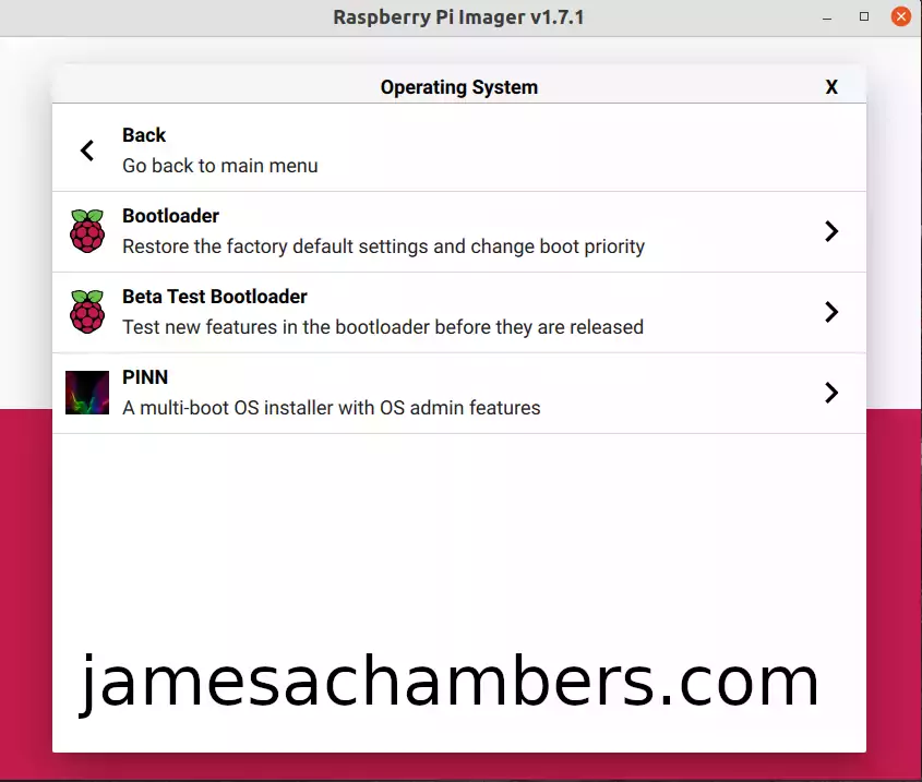 Raspberry Pi Imager - "Operating System" menu