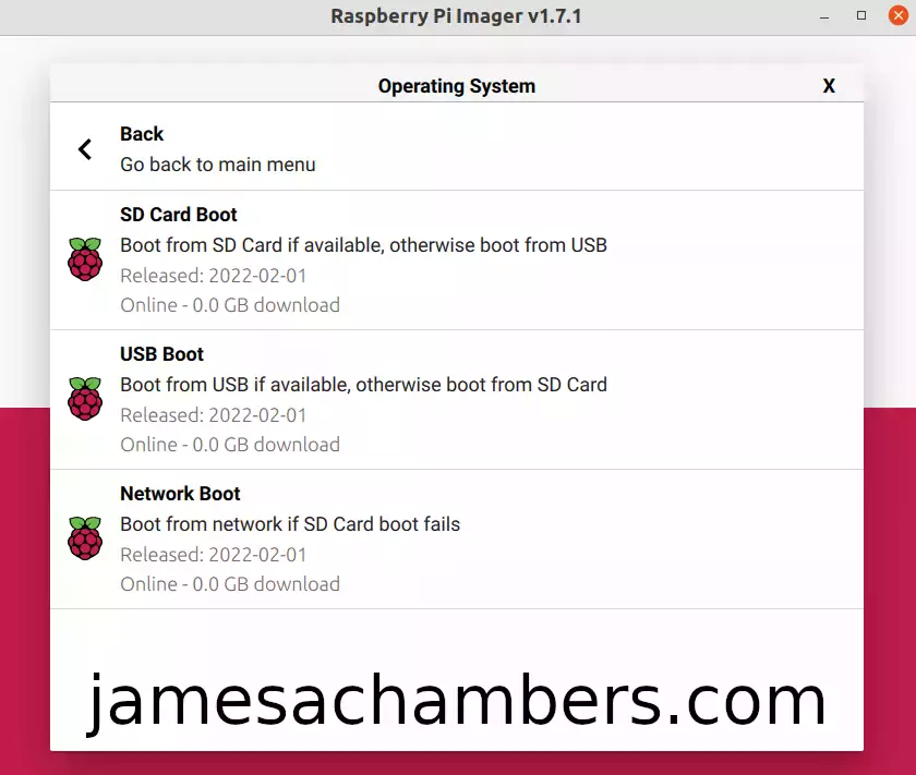Raspberry Pi Imager - "Bootloader" menu