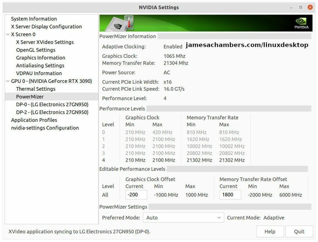 NVIDIA Settings - Linux Desktop - Overclocking Enabled