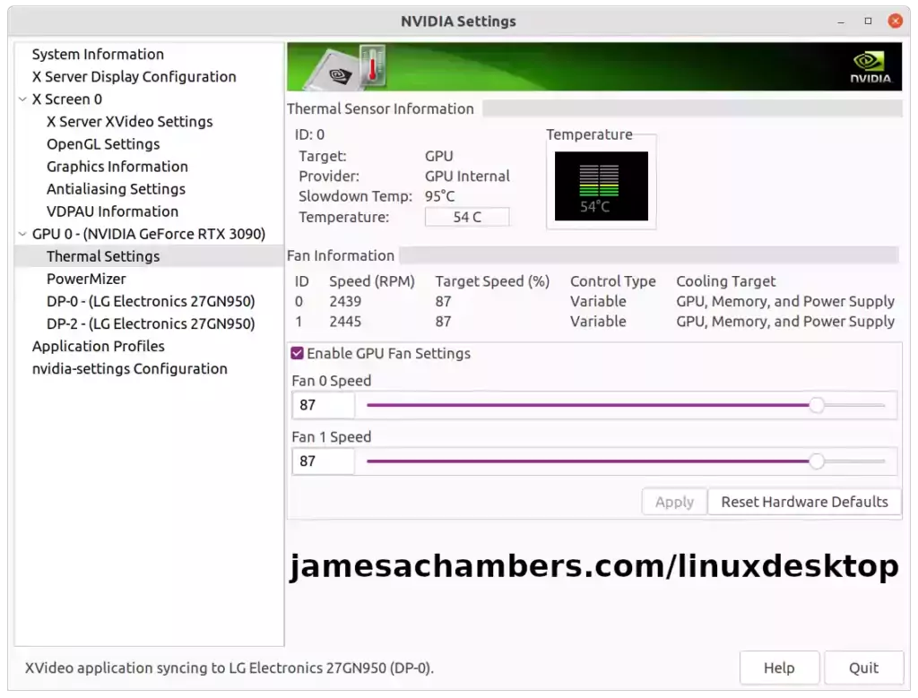 NVIDIA Settings – Linux Desktop – Thermal Settings