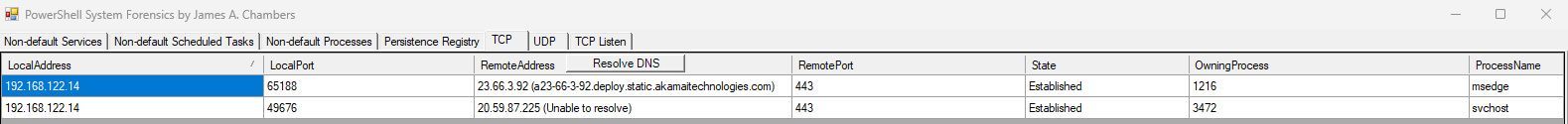 PSEndpointForensics - TCP Tab w/ Resolve DNS