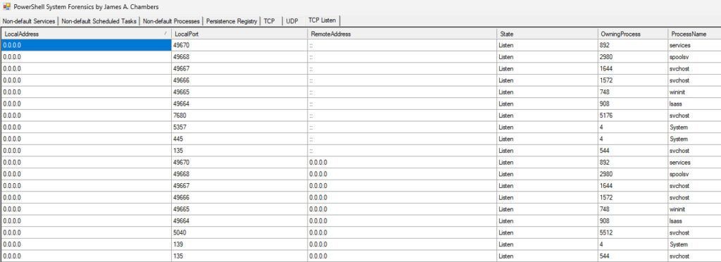 PSEndpointForensics - TCP Listen Tab