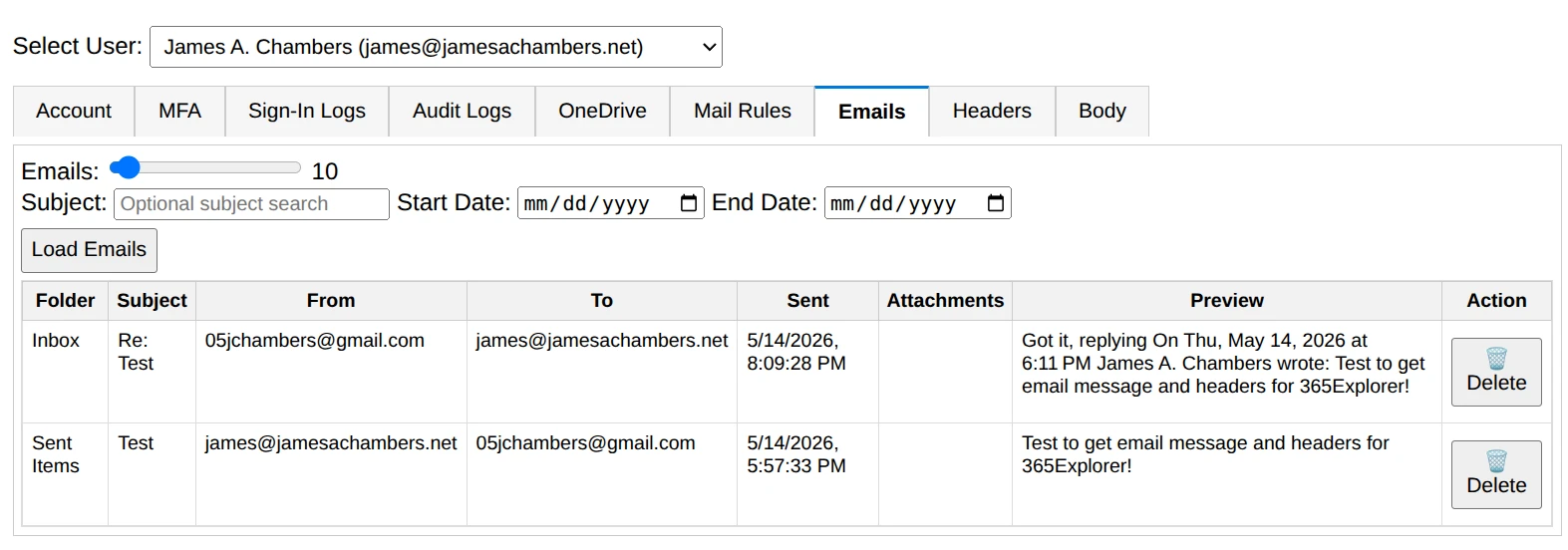365Explorer - Emails Tab