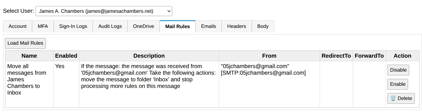 365Explorer - Mail Rules Tab