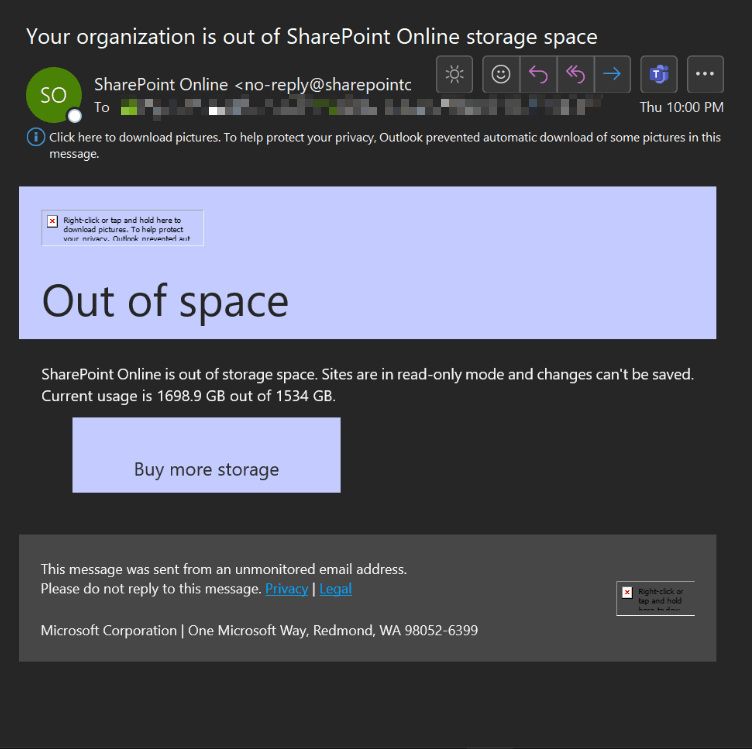 SharePoint - Out of Space Notification Email